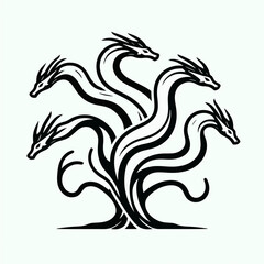 A black and white graphic of a hydra, a mythical creature with multiple heads.