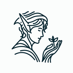 A profile view of an elven woman holding a small plant, depicting a concept of growth and nature.