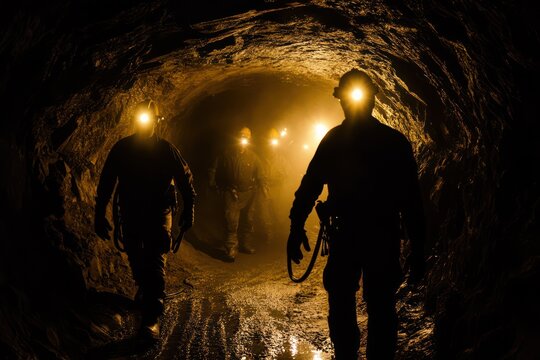 Silhouette of Miners Entering Underground Gold Mine