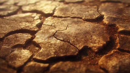 Fototapeta premium Close Up of Cracked Brown Earth Under Golden Light