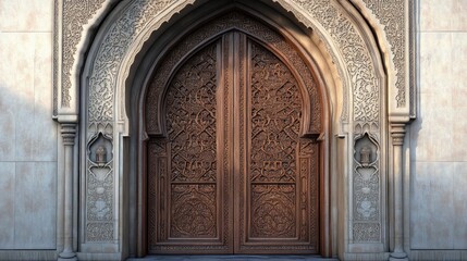 Ornate wooden doors with intricate carvings, set within a stone archway