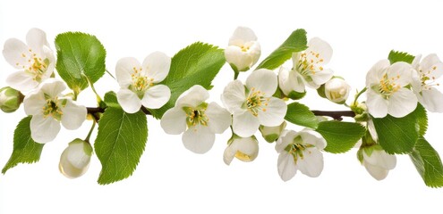 Obraz premium Delicate White Blossoms and Lush Green Leaves on Branch