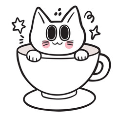 Cute cartoon cat and coffee cup digital line drawing  element.