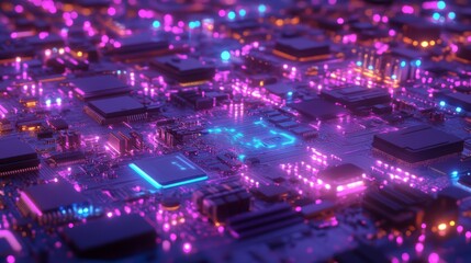 Obraz premium Abstract Glowing Circuit Board with Neon Lights