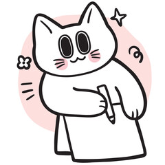 Cute cartoon cat writing digital line drawing  element.
