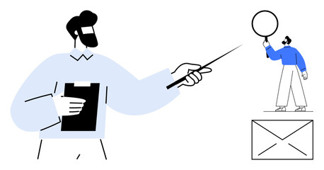 Person holding clipboard and pointing at team member standing on envelope with speech bubble. Ideal for teamwork, leadership, communication, guidance, collaboration, presentation, simple landing page