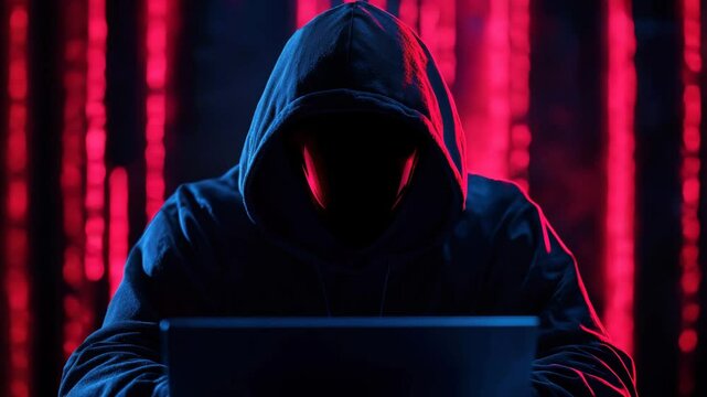 Hacker dark hoodie using laptop, mysterious faceless figure with red neon light and digital code background, cybercrime and data security threat concept, hacker dark hoodie using laptop