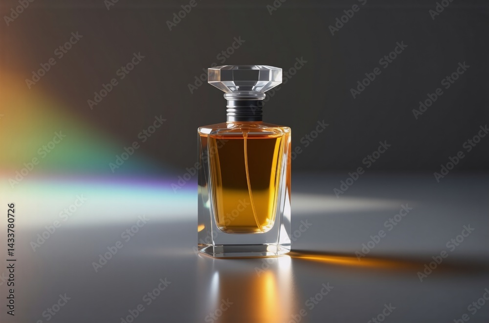 Poster elegant amber perfume bottle on a reflective surface, illuminated by a prism creating a rainbow effe