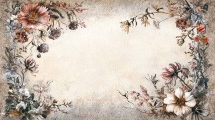 Vintage floral frame on aged paper