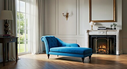 Fototapeta premium Elegant Blue Velvet Chaise Lounge Luxurious Room Interior Design Rich Decor Classic Furniture Style Sofa