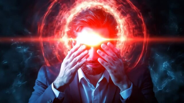 Man suit with beard and intense glowing red energy aura radiating from forehead, symbolizing powerful psychic power, mystical and supernatural emotion, dramatic atmosphere, focus, and visionary