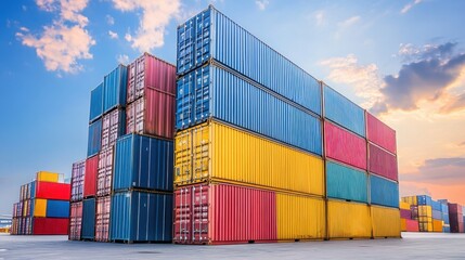 Fototapeta premium Sea port container stacks with shipping codes and weathered paint