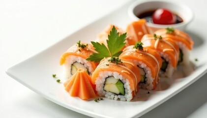 Elegant sushi arrangement on white background, elegant, maki, fresh