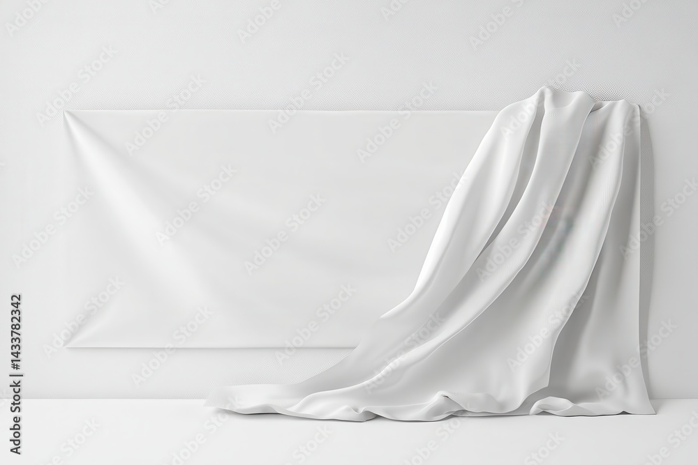Poster elegant white fabric draped over a rectangular backdrop in a minimalist, all-white setting. smooth, 