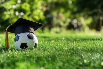Soccer Ball Wearing Graduation Cap on Green Lawn