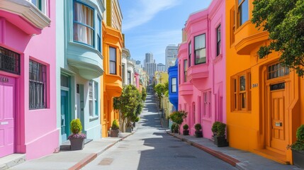 Fototapeta premium Colorful Houses on a Hillside Street