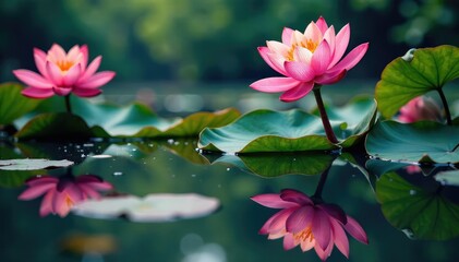 Intricate floral design reflected on calm lake surface, design element, water lilies, summer