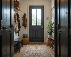 A slim shoe rack, wooden hangers, rattan basket, and simple rug greet the entrance.