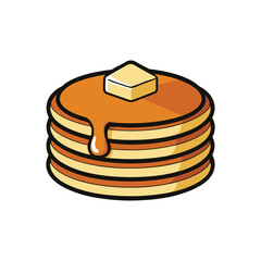 Stack of pancakes with syrup and butter, on a white background.