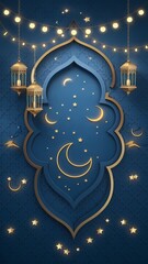 Mesmerizing Ramadan Background with Deep Blue Gradient Islamic Ornaments Golden Lanterns Soft Glowing Crescent Moon Enhancing Sacred Atmosphere of the Holy Month with Elegant Minimalistic Decorations