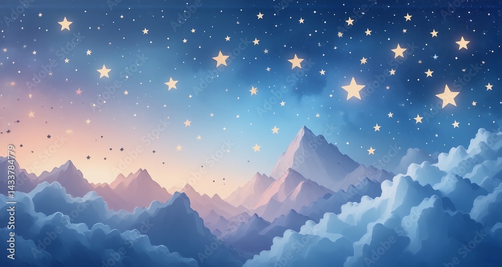 Aufkleber image description: a dreamy, celestial vista painted with pastel hues. stars twinkle above snow-capp