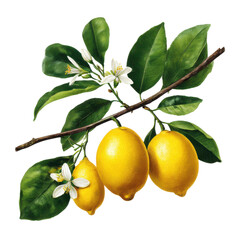 Fresh yellow lemons with leaves and flowers on a branch isolated on transparent background