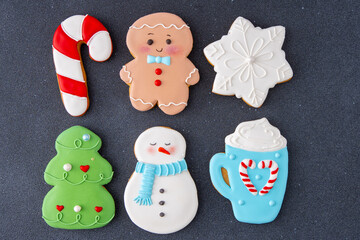 Gingerbread Christmas tree cookies set. Winter food.