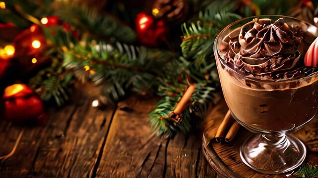 Festive chocolate mousse in a glass with holiday decorations and bokeh lights.
