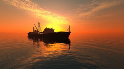 Tanker ship silhouetted against orange sunset on calm sea