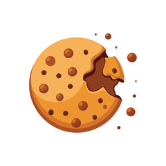 A chocolate chip cookie broken in half, crumbs scattered,  on a white background.