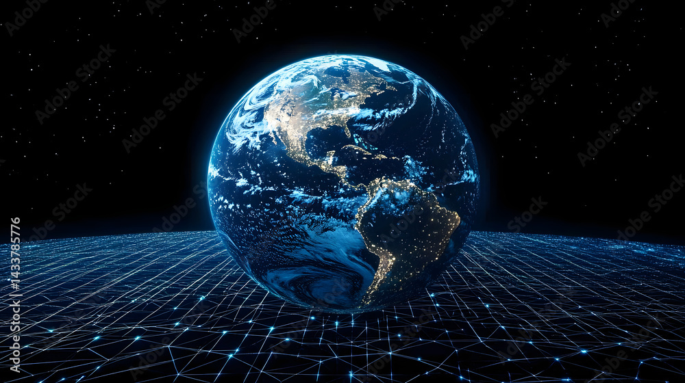 Poster the image of a transparent planet earth is overlaid on a grid defined by dots and lines, utilizing s