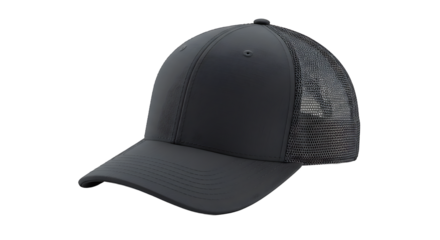 Isolated dark gray baseball cap with mesh back and curved brim on a plain black background image view