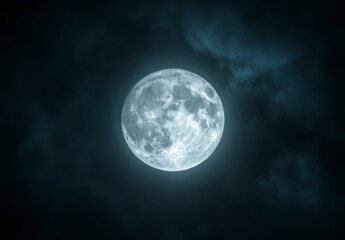Full Moon Night Sky  Close up of a Bright Lunar Orb Partially Hidden Behind Dark Clouds