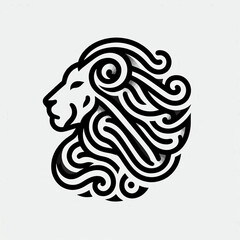 A stylized graphic of a lion's head with a decorative, curly mane.