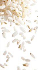 White Rice Grains Falling on White Background