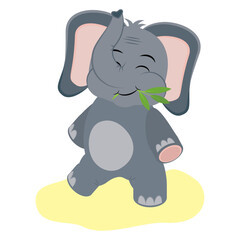 Funny cartoon elephant eating grass. Cute animal character on white background. Children's design, vector illustration, eps 10.