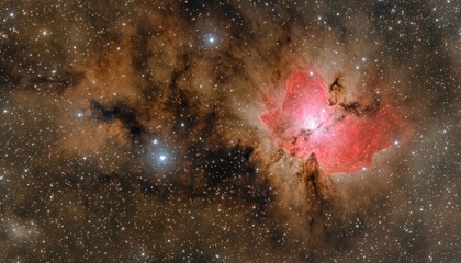 Deep space nebula with vibrant hues.  Vast expanse of cosmic dust and gas clouds.  Intense stellar activity