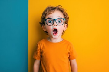 Surprised boy wearing glasses on vibrant color background
