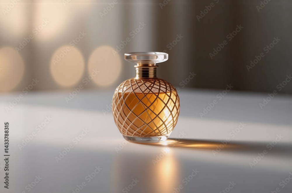 Poster A golden perfume bottle with a lattice design sits on a white surface, bathed in soft, warm light.  The elegant fragrance container casts a subtle shadow.