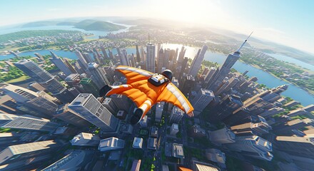 Wingsuit Flying Above City Skyscraper Aerial View