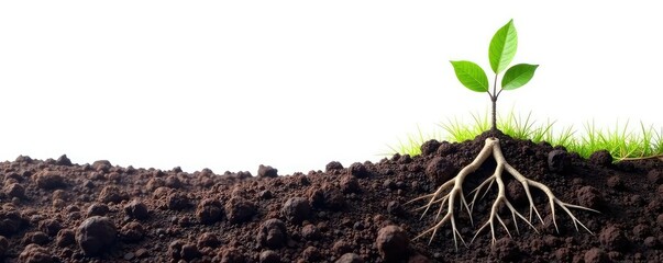 Tree's roots are visible beneath the surface of isolated white soil, earthy, plant