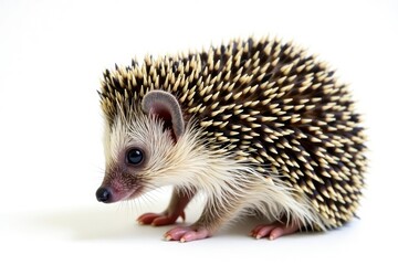 Obraz premium Tiny hedgehog, curled in defense, on pure white background, fauna, adorable, cute