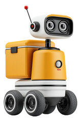 Yellow robotic delivery vehicle with wheels and an antenna, designed for logistics.