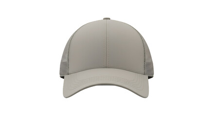 Close up front view of a light beige baseball cap with mesh back on a black background