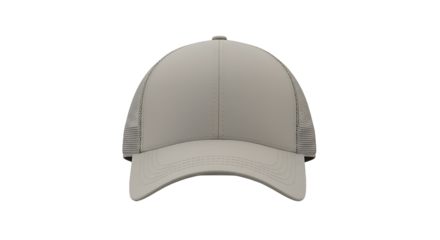 Close up front view of a light beige baseball cap with mesh back on a black background