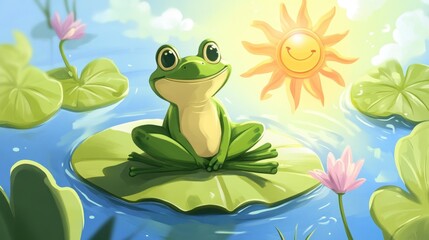 Cheerful Frog Meditating on Lily Pad with Smiling Sunlight