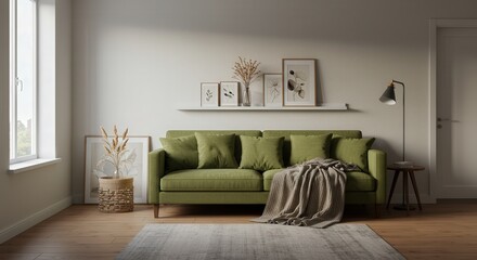 Green sofa with blanket in living room