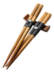Naklejka premium Pair of elegant wooden chopsticks with black holders resting on stands.