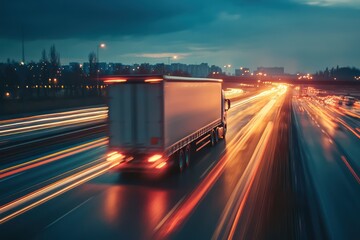 Truck driving on highway at night with traffic blur