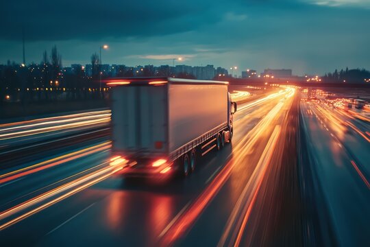 Truck driving on highway at night with traffic blur